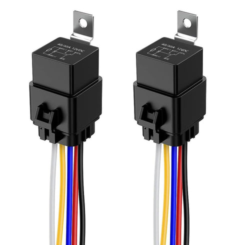 2pcs 40/30 Amp Waterproof Relay Switch 12AWG Harness Set with Built-in Diode- 12V DC 5-Pin SPDT Automotive Relays Hot Wires...