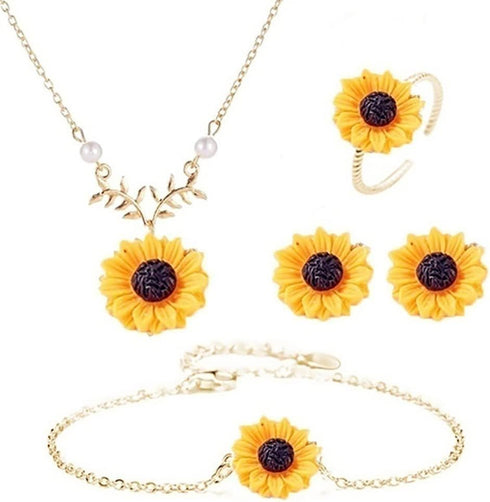 Sunflower Necklace Earring Bracelet Ring Set Boho Resin Petal Pendant for Women Jewelry Accessories...