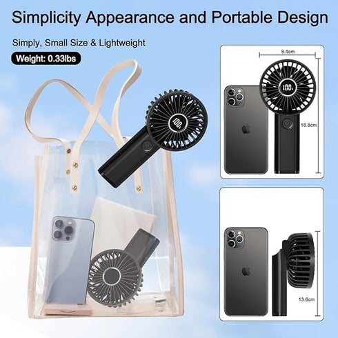 Mini Portable Fan, Powerful Handheld Fan Rechargeable with LED Display, Hand/Desk/Neck 3 In 1 Personal Fan with 6 Speed and 180° Foldable, Quiet f...