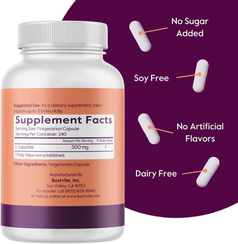 BESTVITE L-Leucine 500mg per Capsule (240 Vegetarian Capsules) - No Stearates - No Fillers - No Flow Agents - Vegan - Non GMO - Gluten Free...