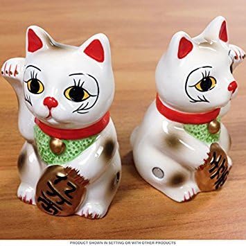 Japanese Maneki Neko - Magnetized Ceramic Salt & Pepper Shakers...