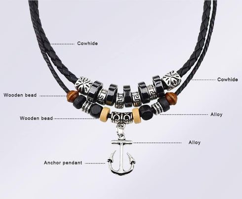 Men Black Leather Necklace Vintage Tribal Style Boho Hipppie Double Layered Black Braided Beaded Anchor Pendant Pirate Necklace...