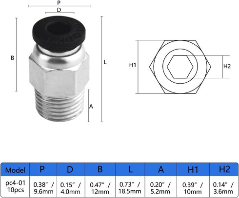 10Pack 1/8" NPT Male Thread 4mm Pneumatic Push-to-Connect-Fittings Air Fittings PC4-N1...