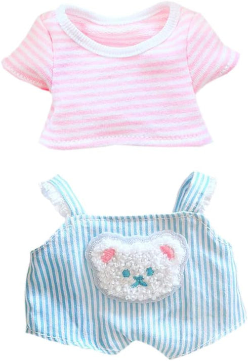 niannyyhouse 20cm Plushie Doll Clothes Bear Overalls Striped T-shirt Kpop Doll Clothing (Pink)...