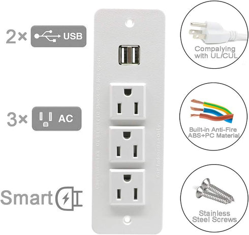 Conference Recessed Power Strip with USB Mountable Power Outlet Built in Desktop Workbench Drawer Cabinet 10'ft Heavy Duty Power Cord White...