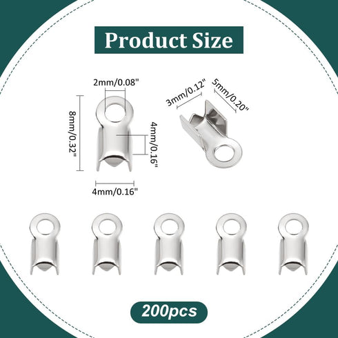 PH PandaHall About 200 Pcs 304 Stainless Steel Fold Over Cord Ends Terminators Crimp End Tips for Leather 4mm for Jewelry Making...