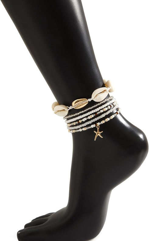 LIU JUN Boho Layered Shell Anklet Set, Gold Seashell Starfish Ankle Bracelets Beaded Foot Chain Beach Summer Foot Jewelry Accessories For Women Gi...