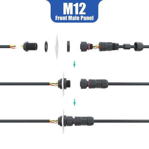 AOHUA M12 Waterproof Connector IP68 Outdoor Electrical Plug Wire to Panel, Front Male Panel Mount for 2 Or 3-pin Cables Ø 4.5-7.5mm UL Certificati...