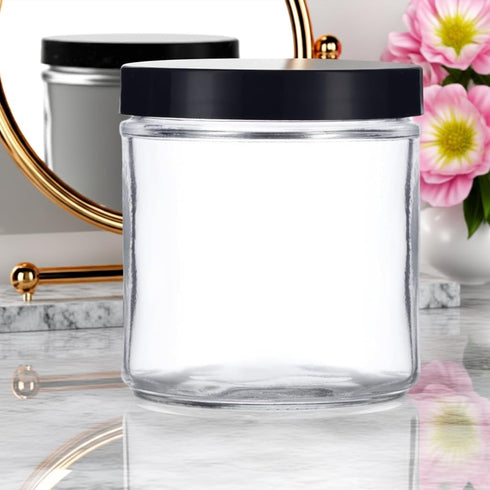 16 oz Large Clear Thick Glass Jar with Black Foam Lined Lid (4 pack)...