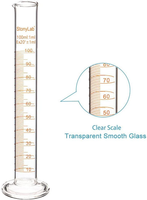 StonyLab 2-Pack 100ml Borosilicate Glass Graduated Cylinder Measuring Cylinder...