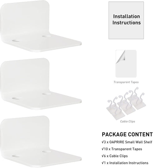 OAPRIRE White Floating Wall Shelves Set of 3 for Security Cameras, Baby Monitors, Speakers & More - Universal Acrylic Small Wall Shelf with Cable ...