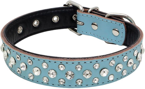 Rhinestones Dog Collar, Adjustable Sparkly Crystal Studded Genuine Leather Pet Dog Collar for Small and Medium Dogs (L, Blue)...