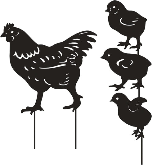4 Pack Chicken Garden Decorative Statues, Metal Hen and Chicks Silhouette Garden Stakes, Ideal Yard, Garden, Lawn Decor, Animal Outdoor Decoration...