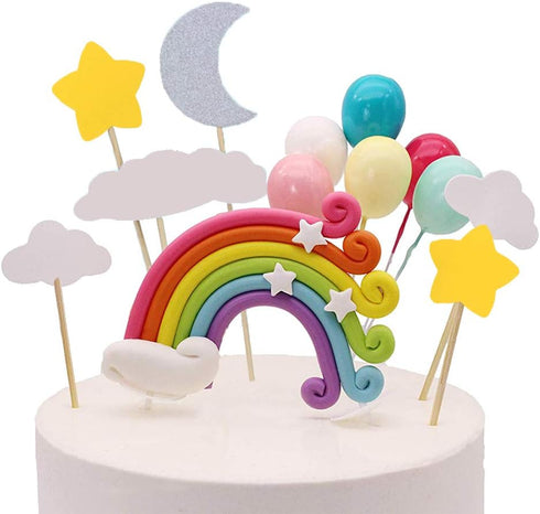 Palksky Colorful Rainbow Cake Topper/Wedding Cake Flags/Cupcake Picks Set -Include Cloud Balloon Moon Stars/Boy Girl Kid Birthday Baby Shower Part...
