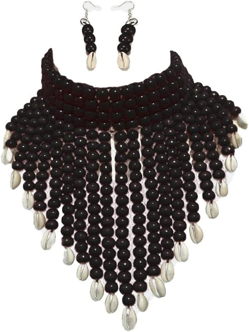 COLORFUL BLING Chunky Wooden Beaded Seed Bib Collar Necklace Boho Layered Africa Wood Shell Strand Choker Necklace Jewelry Set for Women...