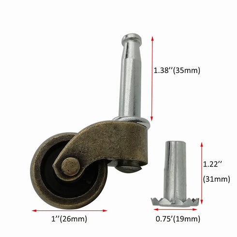 ISSTAR 1" Swivel Stem Ball Caster Wheel, Zinc Alloy Antique Style Silent Castor for Furniture Sofa Chair Cabinet Socket Type Mounting Stem, Antiqu...