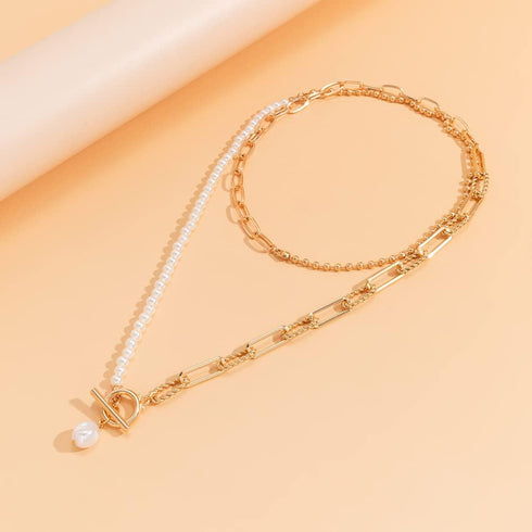 Pearl Choker Necklace Paperclip Necklace Asymmetry Pearl Link Chain Necklace Gold Beaded Necklace Toggle Clasp Necklace for Women Teen Girls...