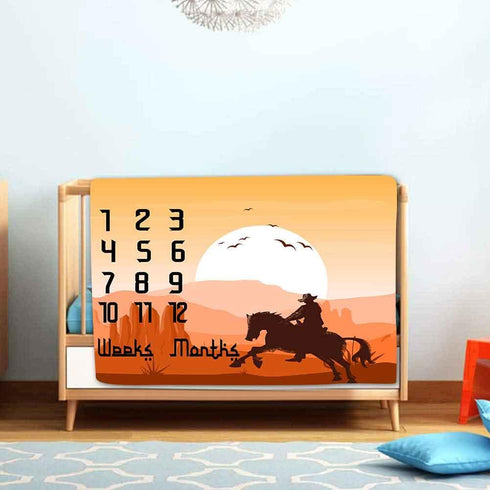 1 to 12 Monthly Baby Milestone Blanket, Western Background Cowboy Baby Growth Chart Blanket, 48x40 Inch Baby Shower Age Blanket with Accessories B...