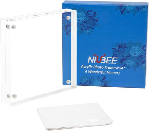 NIUBEE 4x4 Picture Frame, Acrylic Photo Frame 20% Thicker Block, Clear Frameless Acrylic Frames Double Sided?Magnetic frames for Desktop...