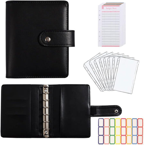 A7 Budget Binder Set - Mini Money Organizer for Cash Saving, Cash Stuffing Envelope System, Planner Binders with Pockets, Sheets and Stickers, Bla...