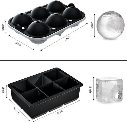 ROTTAY Ice Cube Trays (Set of 2), Sphere Ice Ball Maker with Lid & Large Square Ice Cube Maker for Whiskey, Cocktails and Homemade, Keep Drinks Ch...