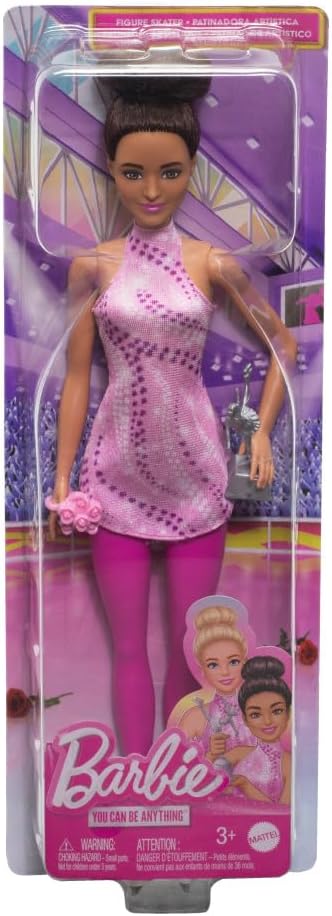 Barbie Careers Fashion Doll & Accessories, Brunette Ice Skater in Removable Pink Outfit with Ice Skates & Trophy...