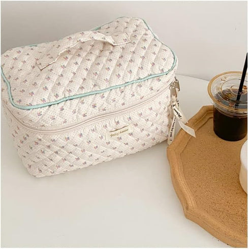 Aesthetic Kawaii Cute Makeup Bag Travel Cotton Quilted Cosmetic Organizer with Handle Toiletry Pouch for Women Teen Girls (Beige Floral)...
