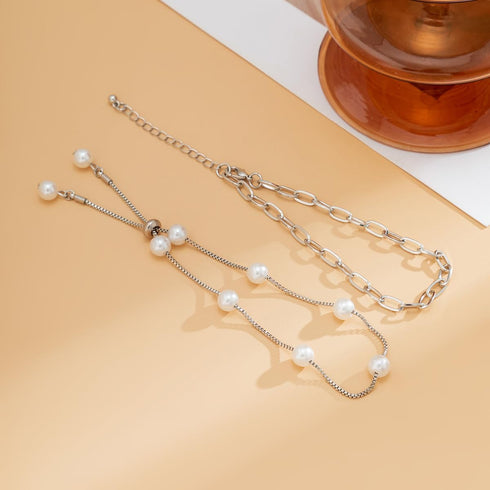 Pingyongchang Double Pearl Beach Style Anklet for Women Barefoot Sandals Anklet Adjustable Metal Tassel Foot Chain Ankle Bracelets for Women Gold ...