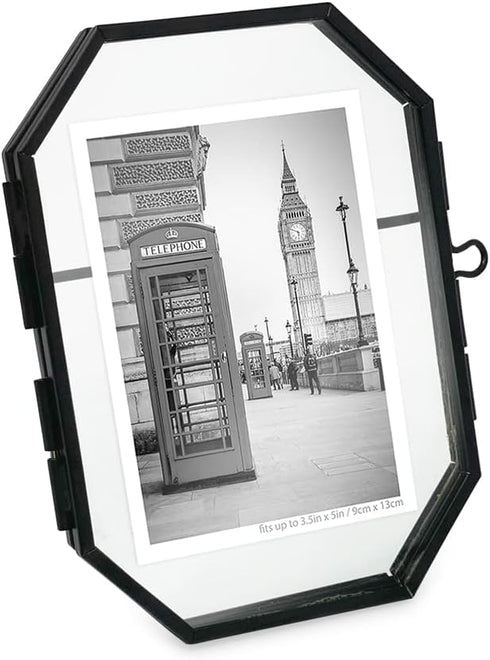 Isaac Jacobs 3.5x5 Vintage Style Octagon Brass & Glass, Metal Floating Picture Frame with Locket Closure (Vertical), Tabletop Display, (Fits up to...