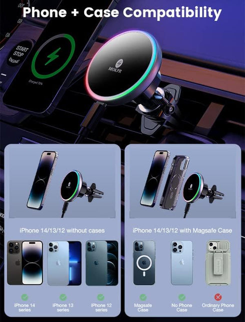 MOKPR for Magsafe Car Mount Charger-Wireless Car Charger-Magnetic Car Phone Holder for Dash Air Vent-LED RGB HandsFree Car Mount Fast Car Charger ...