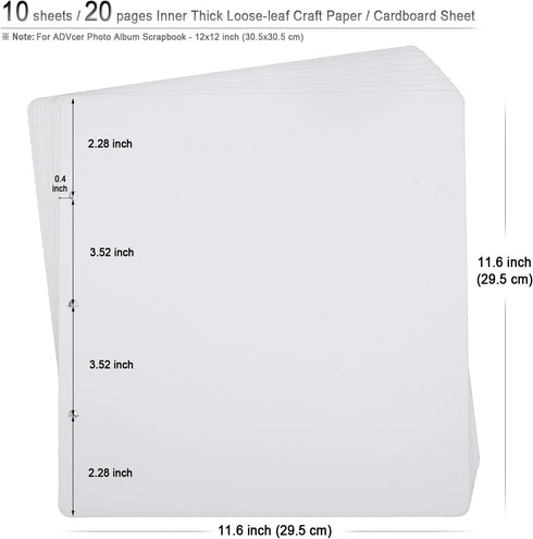 10 Sheets Double Sided (20 Pages) 11.6 x 11.6 inch Refill Pages, Acid Free Thick Additional Craft Paper Cardboard for All ADVcer 12x12" Loose-Leaf...