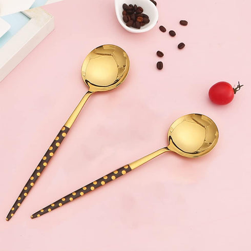 Stainless Steel Soup Spoon,Korean Dessert Spoon,Polka Dot Mixed Color Spoon for Home, Kitchen or Restaurant, Set of 4 Black Polka Dot Soup Spoons,...