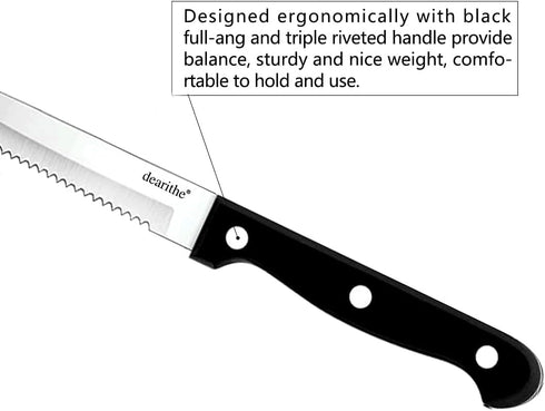 Steak Knives Set of 6, Black Full-Tang Triple Rivet Serrated Stainless Steel Sharp Blade Flatware Steak Knife Set, 4.5 Inches, For Restaurant Kitc...