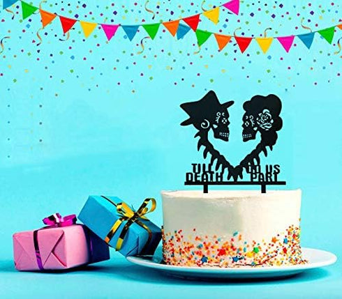 Till Death Do Us Part Wedding Cake Topper - Mr and Mrs Skull, Skeleton Couple, Black Silhouette (Skull)...