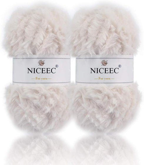 NICEEC 2 Skeins Super Soft Fur Yarn Chunky Fluffy Faux Fur Yarn Eyelash Yarn for Crochet Knit -Total Length 2×32m(2×35yds,50g×2)-Cream White......