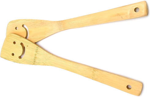 2-Piece 12-Inch Bamboo Smiley Face Wooden Spoons & Spatula Kitchen Cooking Tools for Nonstick Cookware and Wok...