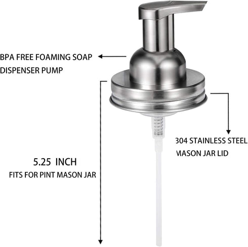 Amolliar Mason Jar Foaming Soap Dispenser Pump Lids, Rustproof Stainless Steel Lid Plastic Pump for Regular Mouth Mason Jar, Kitchen Bathroom Farm...