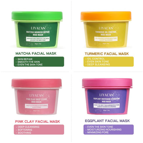 LIYALAN Face Clay Mask Set(1.76 oz/4 pack),Christmas Gifts for Women,Matcha Facial Mud Mask, Eggplant Rose Face Mask Skin Care, Turmeric Acne Faci...