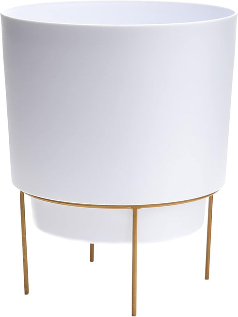 Bloem Hopson Round Planter with Gold Metal Stand: 6" - Casper White - Durable Plastic Pot, Powder Coated Removable Stand, for Indoor and Outdoor U...