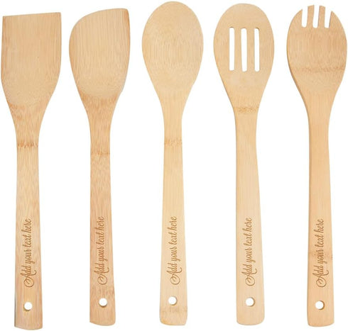 PrintSupremacy Custom Engraved Bamboo Cooking Spoons Set, Non Stick Wooden Kitchen Gadget Pan Cookware, Baking Gift for Housewarming Wedding Birth...