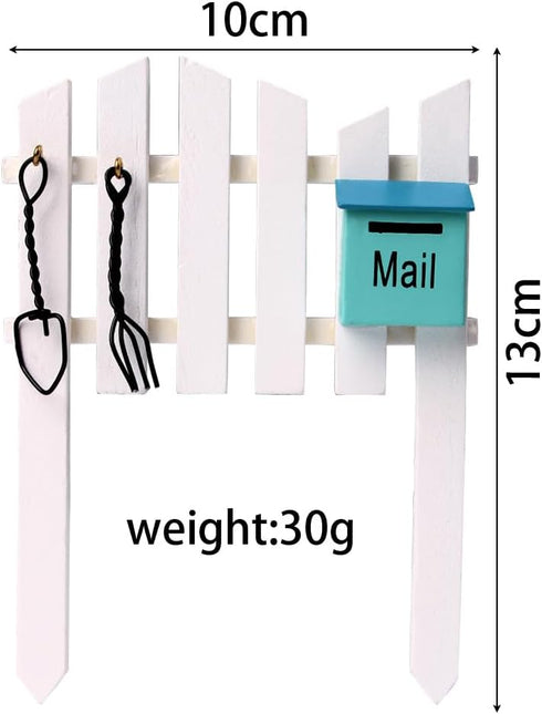 Miniature Wooden Fence with Blue Mailbox Mini Fairy Garden Fence Wood Picket Ornament Cute Resin Fence Figurines DIY Small Fence Fairy Garden Micr...