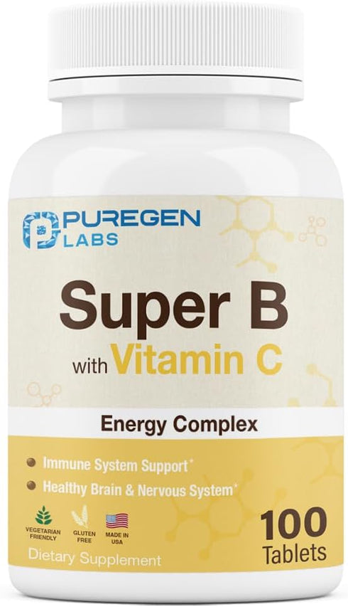 Puregen Labs Super B Energy Complex with Vitamin C - Immune Health, Energy & Nervous System Support - Non-GMO, Gluten-Free 100 Vegetarian Tablets...