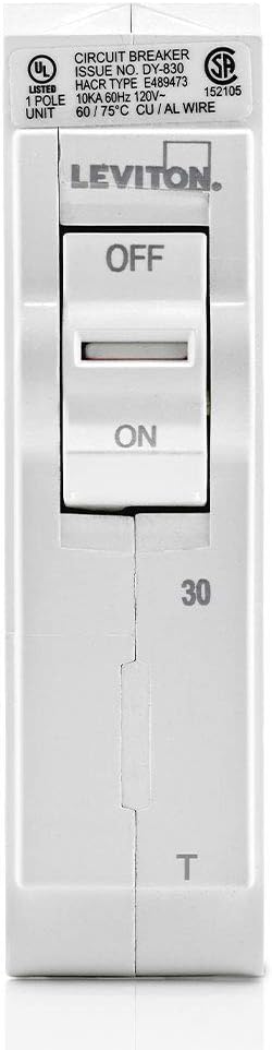 Leviton LB130-T 30A 1-Pole Plug-On Standard Branch Circuit Breaker, Thermal Magnetic, 120 VAC, White...