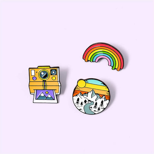 3Pcs Rainbow Brooches Landscape Camera Enamel Lapel Pins Outdoors Camping Travel Camp Lapel Pins Cartoon Brooches Badges Fashion Gifts for DIY Bac...