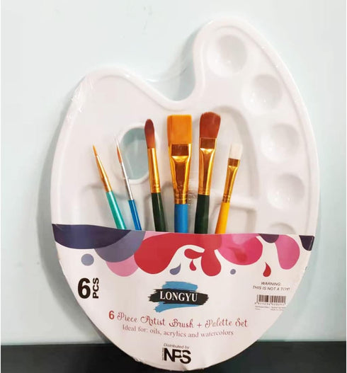 7 Pack Paint Brush Set with 6 Brushes w/Bonus 1 Palette Plastic Tray for Painting with Oil, Watercolor, Artist Gift, Classroom Supplies, Kids Birt...