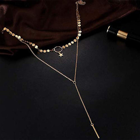 Bohemia Layered Choker Necklace Gold Disc Choker Star Choker Lariat & Y Necklace Bar Pendant Necklace for Women and Girls(Gold)...