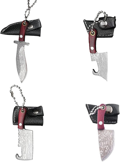 HAOXU Mini Pocket Knife Set Damascus Tiny Knife For Beer Bottle Opener Package Box Cutter Necklace Knife - 4pcs...