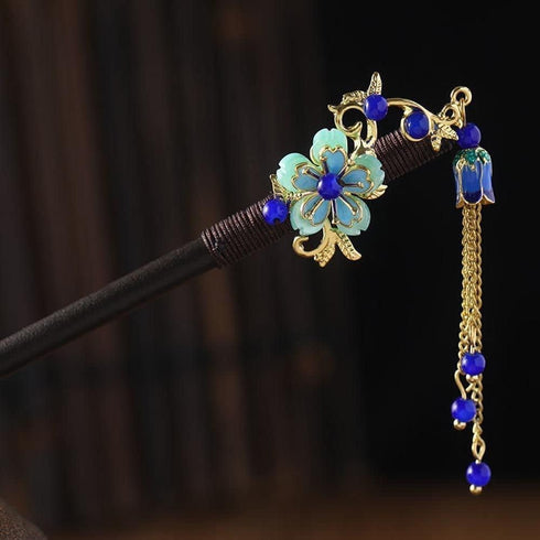 Retro Chinese Wooden Hairpins Japanese Hair Stick Vintage Flower Hair Chopsticks Handmade Wood Blue Flower Tassel Hair Sticks Hair Accessories wit...