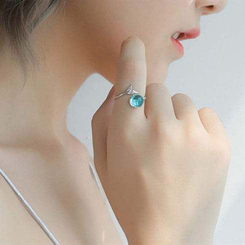GRAEEN Crystal Mermaid Rings Asjuatable Open Ring Leaf Ring Fish Tail Band Ring Silver Eternity Ring Jewelry for Women...