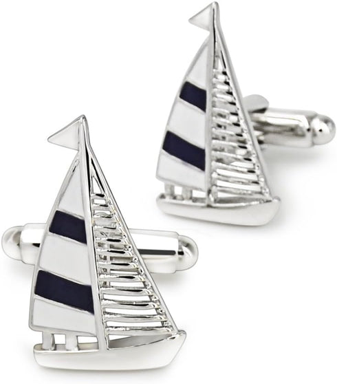 Mr.Van Navy Blue Sail Boat Cufflinks Classic Fashion Modern Stripe Cufflinks Blue and Silver...
